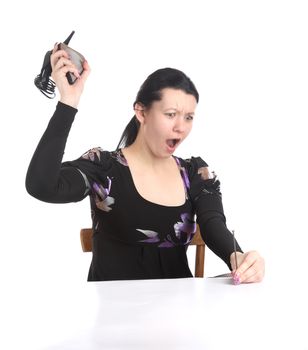 The girl hammers in nail a shoe on  white background