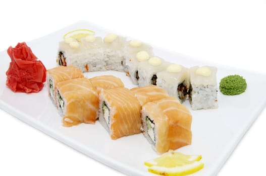 Japanese sushi fish and seafood on white background