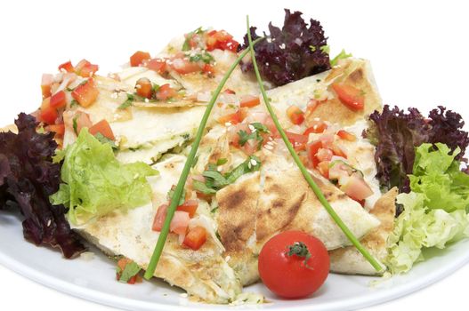 Turkish pita bread sliced pieces on a plate with greens