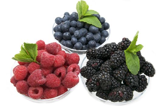 blueberries raspberries and blackberries on a white background in the restaurant