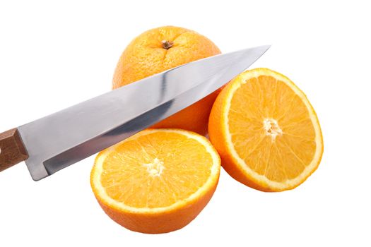 Knife and orange cut half-and-half on a white background