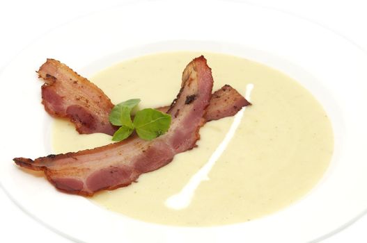 meal pea soup and bacon in a restaurant