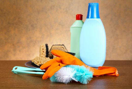 Gloves ,sponge, brush for ware washing on a table