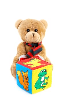 Soft toy a bear with cube isolated on  white background