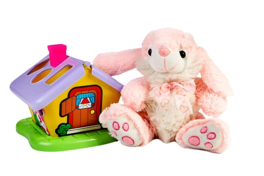Soft toy and small house isolated on a white background