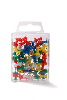 Plastic box with push pin on a white background