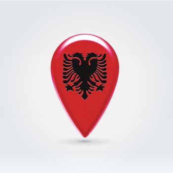 Glossy colorful Albania map application point label symbol hanging over enlighted background
