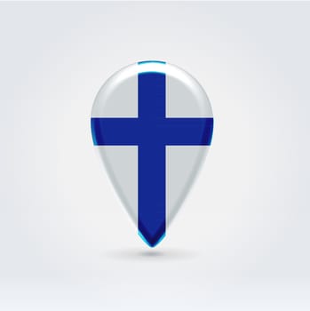 Glossy colorful Finland map application point label symbol hanging over enlighted background