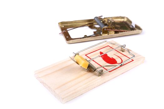 Mousetrap with cheese and empty on a white background