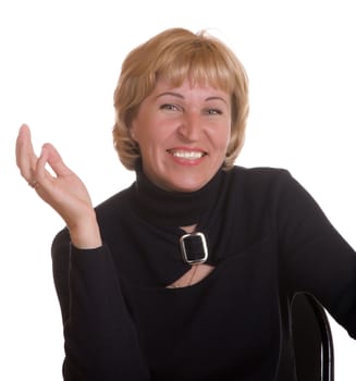 The mature woman expresses pleasure on a white background