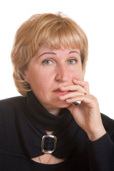Portrait  mature woman in  black dress on  white background