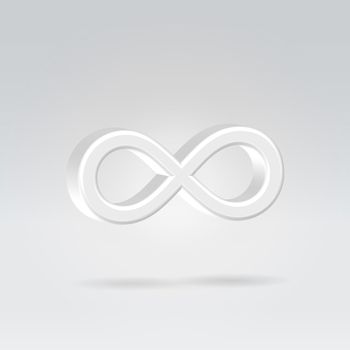 Glowing white silver bright infinity symbol 3d closeup backlit hanging in space