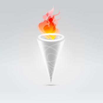 Fire flames burning in cone ceramic engraved torch over light background