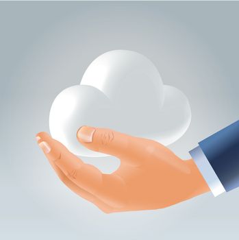 Businessman male hand  holding glossy plastic white cloud on palm