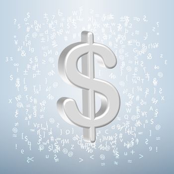 Glossy silver dollar sign over typographic characters in a light blue background