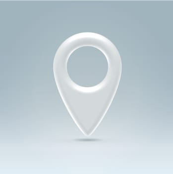 Glossy white plastic map navigation point hanging in light blue space