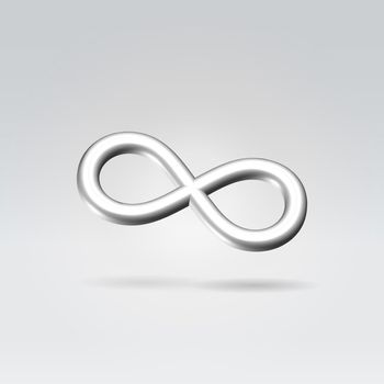 Glowing silver infinity symbol 3d closeup backlit hanging in space