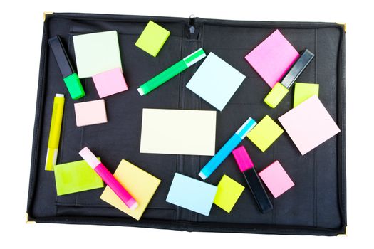 Leather folder stickers and markers isolated on a white background