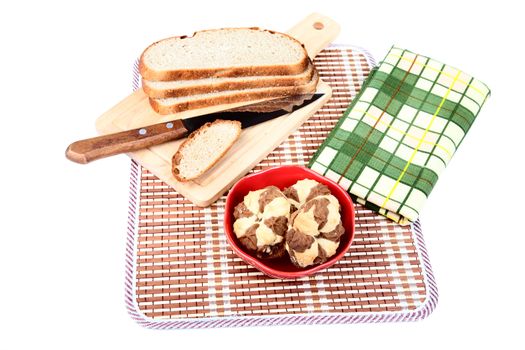 fresh bread chip cookies and a towel on  white background