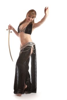 The girl in a dancing suit with sabre on  white background