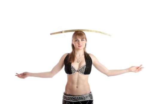 The girl in a dancing suit with sabre on  white background