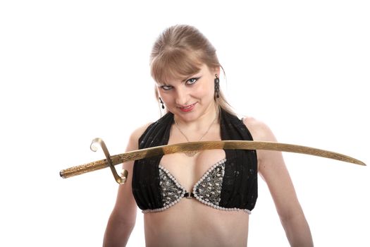 The girl in a dancing suit with sabre on  white background