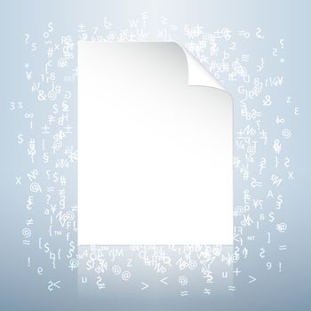 White realistic text document icon with folded corner over glossy surface with glowing white characters
