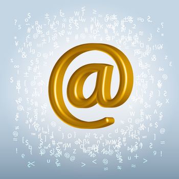 
Golden shining metallic email symbol hanging in space backlit over characters splash background