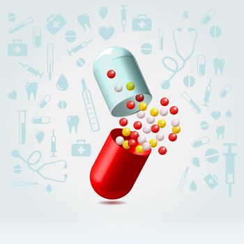 Red and transparent capsule suddenly opened in lighted space on a medical icons background illustration 