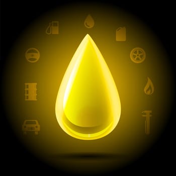 Highly detailed shining yellow golden drop of oil hanging on a dark background automotive symbols