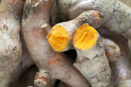 Turmeric root broken in half exposing orange root.