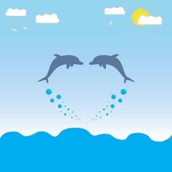Illustration - Dolphins jumping out of the water form a figure similar to the heart