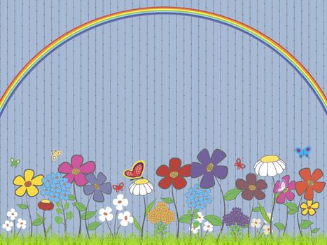 illustration - lawn with flowers and butterflies under the rainbow