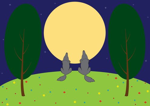 Illustration - wolves howling on the moon, on a night glade.