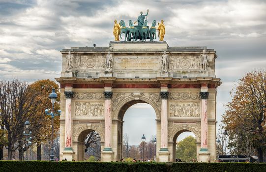 PARIS-NOV 09:Triumphal Arch (Arc de Triomphe du Carrousel) at Tuileries gardens in Paris,France on Nov 09,2012. The monument was built between 1806-1808 to commemorate Napoleon's military victories