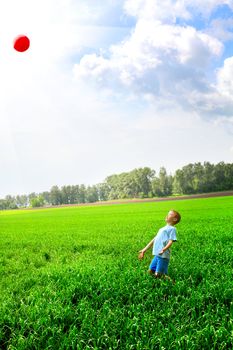 boy play with a ball in the summer field