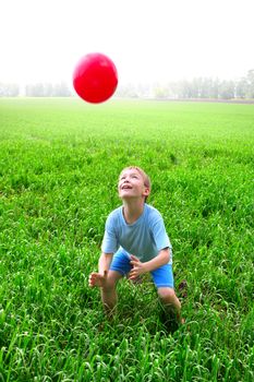 boy play with a ball in the summer field