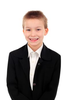 schoolboy smiling on the white background
