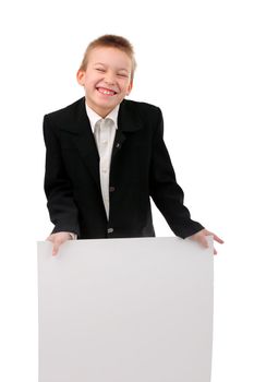 cheerful boy with blank broadsheet isolated on the white