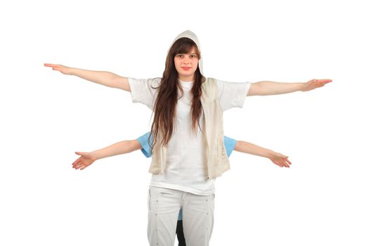 nice girl and boy behind her spreading hands isolated on the white