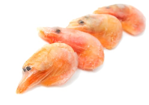 Frozen marine King prawns in a transparent dish 