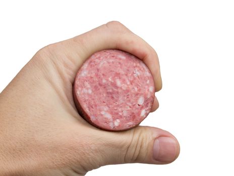 sausage in his hand on a white background