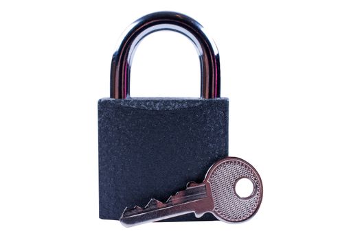 Padlock with a key on white background
