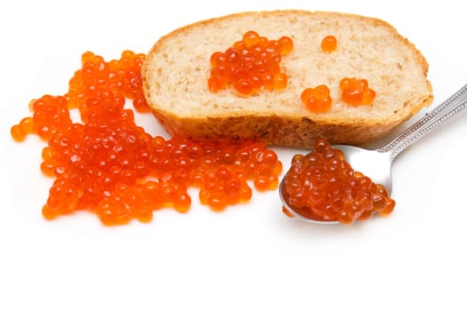 caviar with bread and spoon on white background