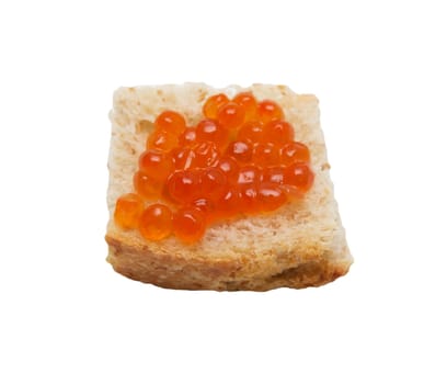 close-up red caviar on bread isolated on white background 