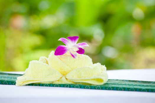 spa objects with tropical flowers and leaves