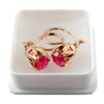 Vintage gold earrings with red ruby in gift box