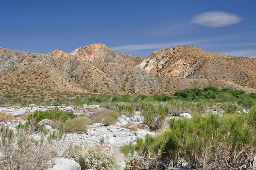 Colorful desert hills are found within Whitewater Canyon near the town of Palm Springs, California.