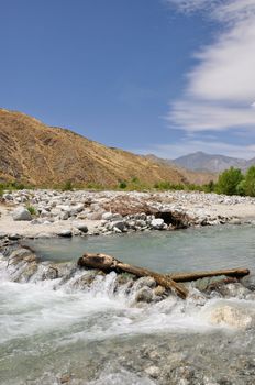 View of a desert river in Whitewater Canyon near the town of Palm Springs, California.