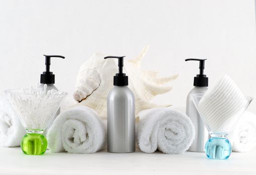 Various professional spa products arranged on a white background